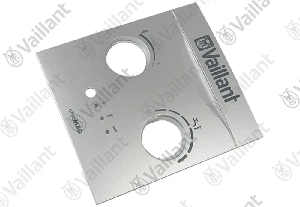 Vaillant Frontblende aus Metall mit mehreren Bedienelementen, darunter Lichtindikatoren und Skala. Geeignet zur Abdeckung von Steuerungselementen.